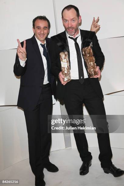 Elie Semoun and Olivier Raoux pose in the award room at the Cesar Film Awards 2008 held at the Chatelet Theater on February 22, 2008 in Paris, France.