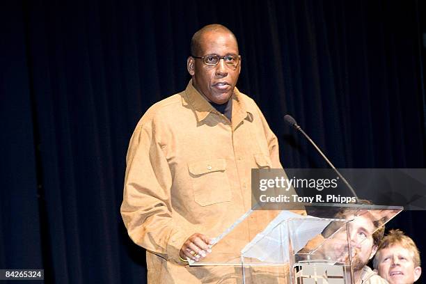 Chuck Meriweather, professional baseball umpire speaks at the Life Lessons from Baseball fundraiser at the Allen Arena at Lipscomb University on...