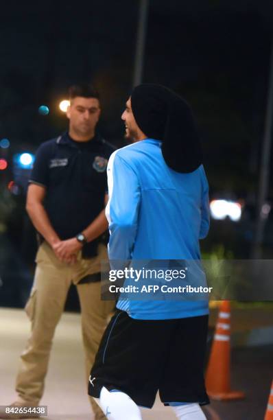 Uruguayan national football team player Martin Caceres arrives at a hotel on September 4 in Luque, Paraguay, ahead of their World Cup 2018 South...