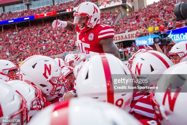 Nebraska wide receiver De'Mornay Pierson-El is giving a pep talk to his teammates before the game against the Arkansas State Red Wolves on September...