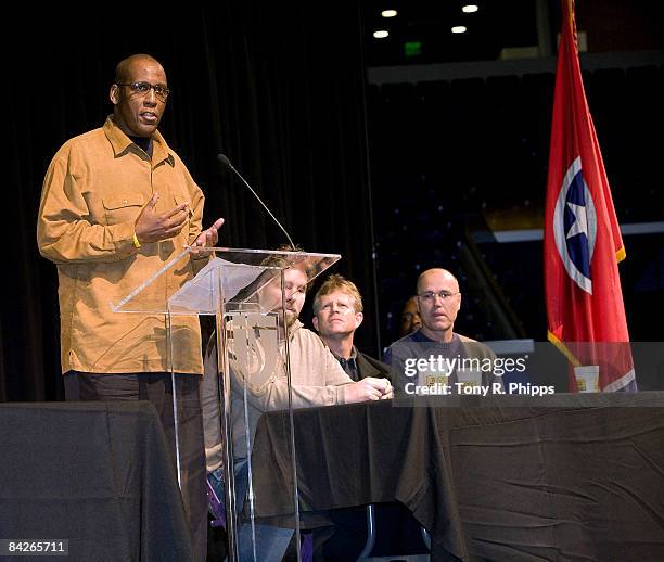 Chuck Meriweather, professional baseball umpire speaks at the Life Lessons from Baseball fundraiser at the Allen Arena at Lipscomb University on...