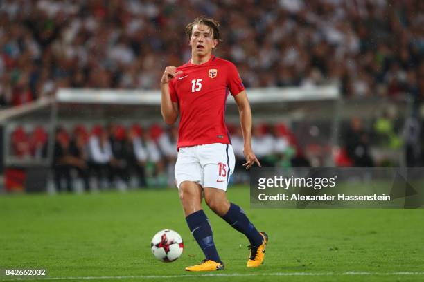 Sander Berge of Norway runs with the ball during the FIFA 2018 World Cup Qualifier between Germany and Norway at Mercedes-Benz Arena on September 4,...