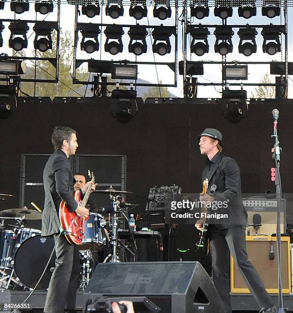 Guiarist Daniel Kessler and Vocalist/Guitarist Paul Banks of Interpol performs on day one of the 2008 Pemberton Music Festival on July 25, 2008 in...
