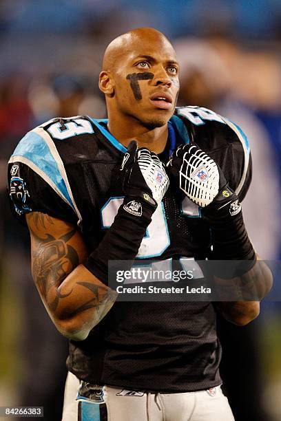 Dante Wesley of the Carolina Panthers looks on during the game against the Arizona Cardinals during the NFC Divisional Playoff Game on January 10,...