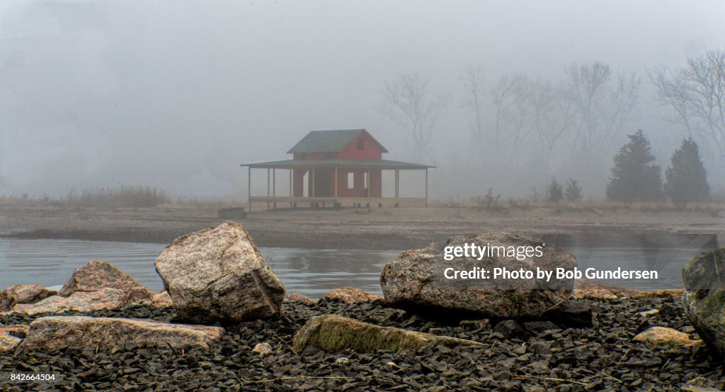 Grass Island Shack in fog