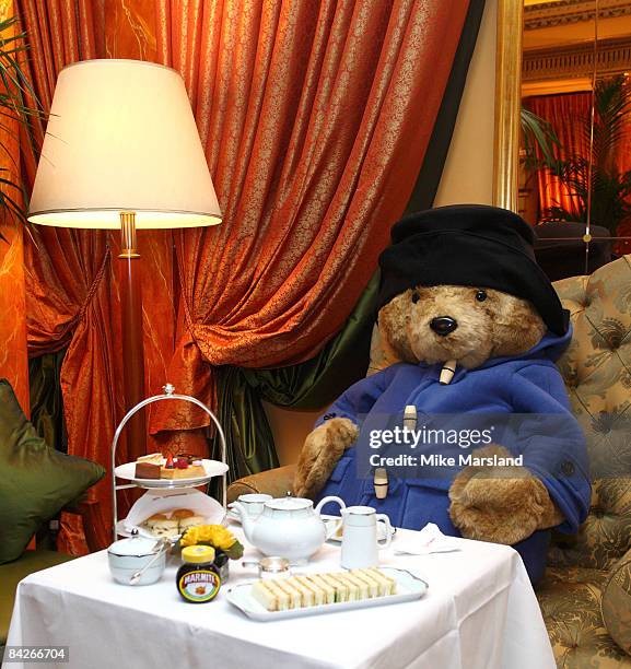 Paddington Bear promotes The Dorchester's Marmite afternoon tea at The Dorchester on January 12, 2009 in London, England.