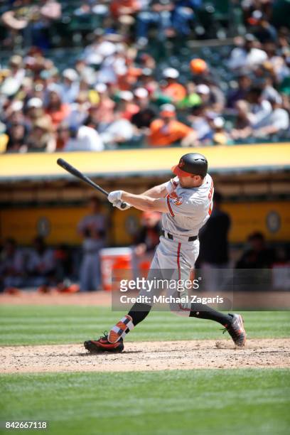 Seth Smith of the Baltimore Orioles bats during the game against the Oakland Athletics at the Oakland Alameda Coliseum on August 13, 2017 in Oakland,...
