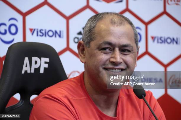 Paraguay's national football team coach Francisco Arce speaks during a press conference at the Complejo Albiroga training centre in Ypane, near...