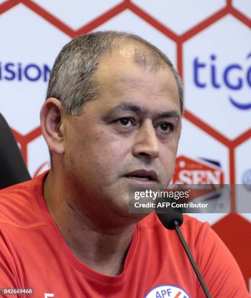 Paraguay's national football team coach Francisco Arce speaks during a press conference at the Complejo Albiroga training centre in Ypane, near...