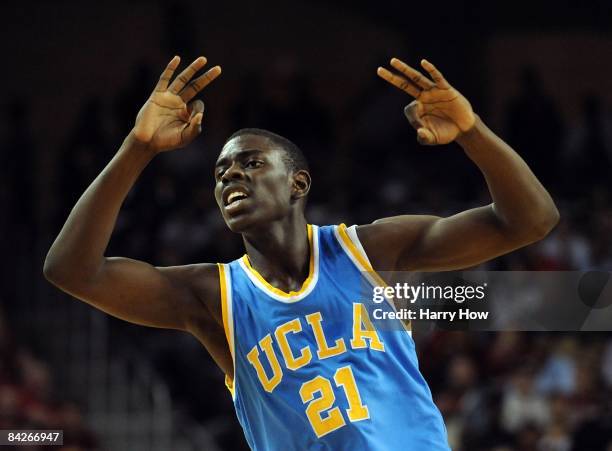 Jrue Holiday of the UCLA Bruins reacts to a basket against the USC Trojans during the second half at the Galen Center on January 11, 2009 in Los...