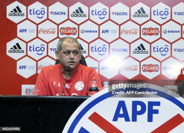 Paraguay's national football team coach Francisco Arce speaks during a press conference at the Complejo Albiroga training centre in Ypane, near...