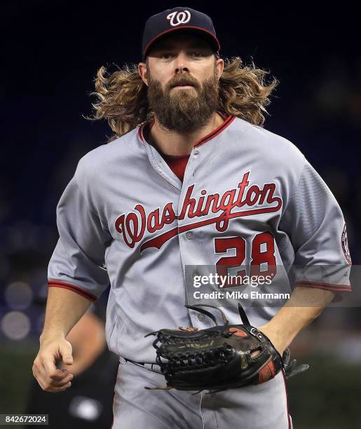 Jayson Werth of the Washington Nationals looks on during a game against the Miami Marlins at Marlins Park on September 4, 2017 in Miami, Florida.