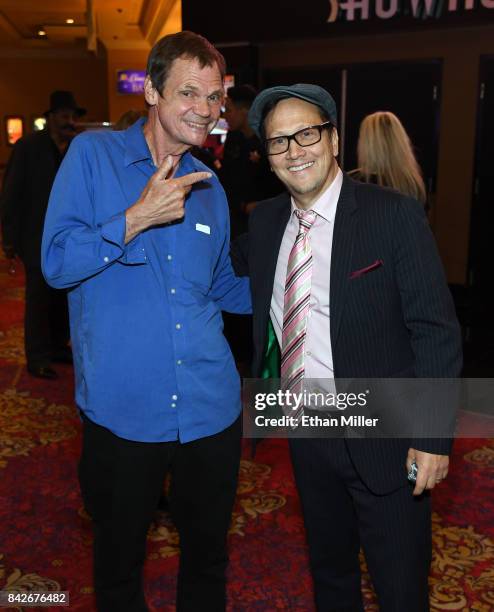 Comedian Larry "Bubbles" Brown and actor/comedian Rob Schneider leave a memorial for Jerry Lewis at the South Point Hotel & Casino on September 4,...