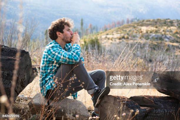 young man, tourist, hiker and hipster, resting and playing the mouth organ in mountain in yosemite national park - harmonica stock pictures, royalty-free photos & images