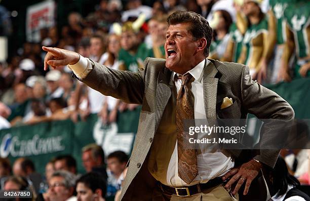 Head coach Geno Auriemma of the Connecticut Huskies directs his team against the South Florida Bulls during the game at the SunDome on January 6,...