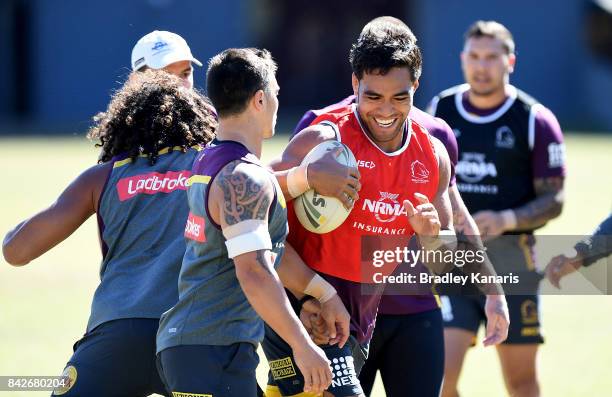 Tautau Moga takes on the defence during a Brisbane Broncos NRL training session on September 5, 2017 in Brisbane, Australia.