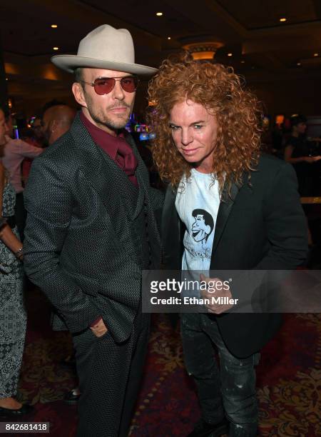 Singer/songwriter Matt Goss and comedian Carrot Top arrive at a memorial for Jerry Lewis at the South Point Hotel & Casino on September 4, 2017 in...