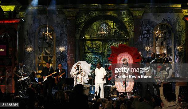 Allen Toussaint, Robbie Robertson, Elvis Costello, Wild Magnolias and Buckwheat Zydeco perform "Walking to New Orleans" during the New Orleans Tribute