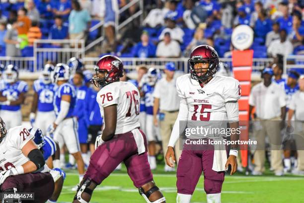 North Carolina Central Eagles quarterback Micah Zanders looks to the sidelines during a college football game between the North Carolina Central...