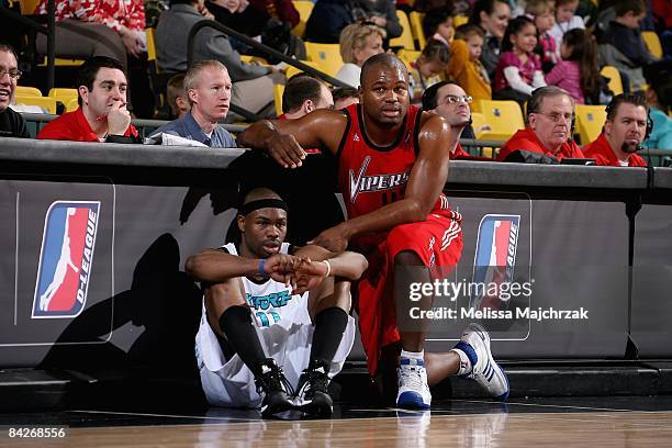 Carl Elliott of the Sioux Falls Skyforce and Alton Ford of the Rio Grande Valley Vipers waits to enter the game during day 3 of the D-League Showcase...