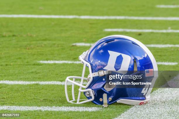 Pre-game activities with Duke Blue Devil helmet on field during a college football game between the North Carolina Central Eagles and the Duke Blue...