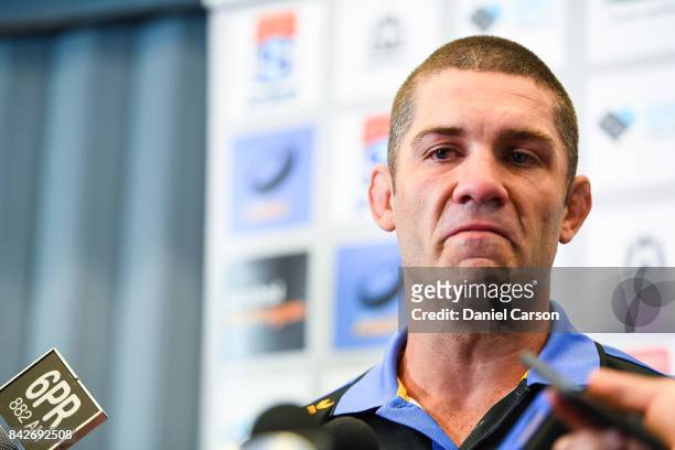 An emotional Matt Hodgson speaks to the media during a press conference at Rugby WA HQ on September 5, 2017 in Perth, Australia.