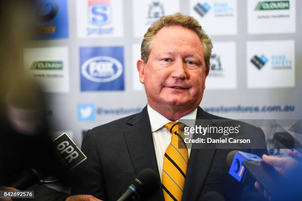 Andrew Forrest speaks to the media during a press conference at Rugby WA HQ on September 5, 2017 in Perth, Australia.