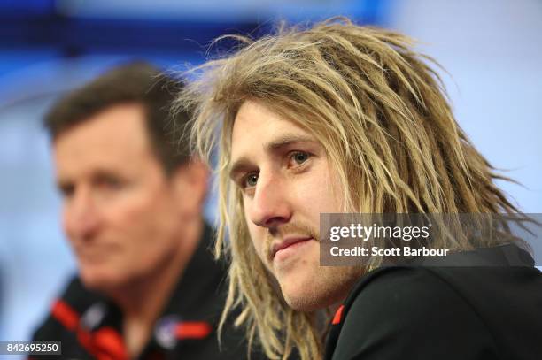 Coach, John Worsfold and captain, Dyson Heppell of the Bombers speak to the media during a Essendon Bombers AFL media opportunity at Fox Sports...