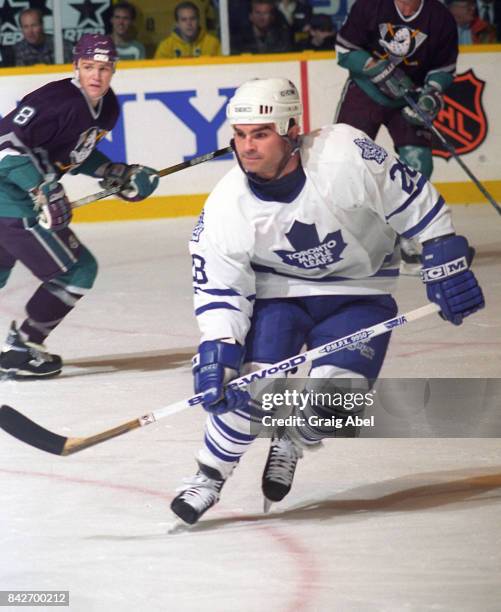 Tie Domi of the Toronto Maple Leafs skates against the Mighty Ducks of Anaheim during NHL game action on November 7, 1995 at Maple Leaf Gardens in...