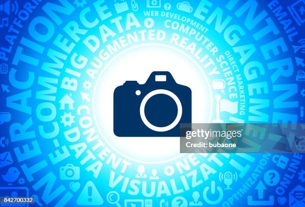 dslr camera icon on internet modern technology words background - man using dslr stock illustrations