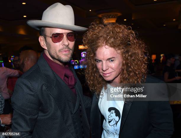 Singer/songwriter Matt Goss and comedian Carrot Top arrive at a memorial for Jerry Lewis at the South Point Hotel & Casino on September 4, 2017 in...
