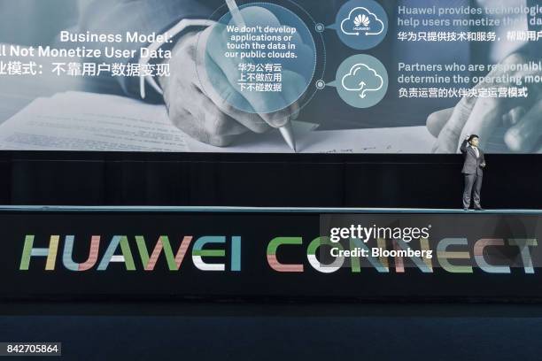 Guo Ping, rotating chief executive officer and deputy chairman of Huawei Technologies Co., speaks during a keynote address at the Huawei Connect 2017...