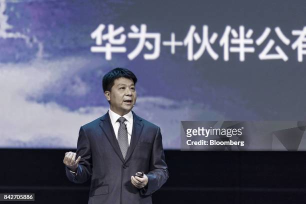 Guo Ping, rotating chief executive officer and deputy chairman of Huawei Technologies Co., speaks during a keynote address at the Huawei Connect 2017...