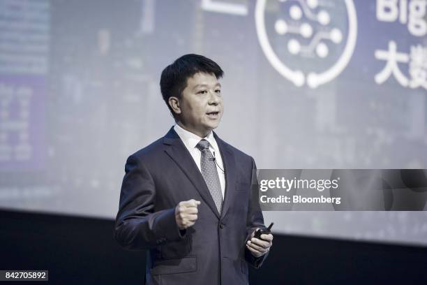 Guo Ping, rotating chief executive officer and deputy chairman of Huawei Technologies Co., speaks during a keynote address at the Huawei Connect 2017...