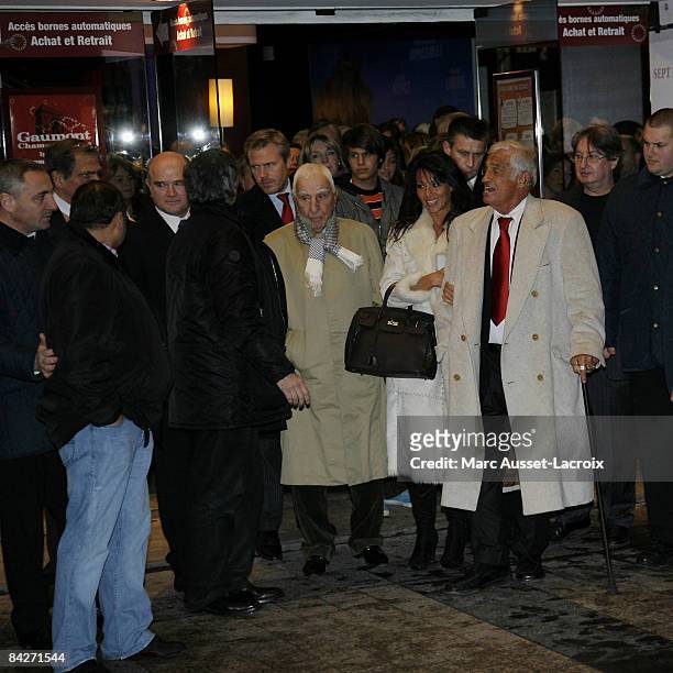 French Actor Jean-Paul Belmondo and Barbara Gandolfi are seen leaving the premiere of "Un homme et son chien" at Gaumont Marignan January 13, 2009 in...