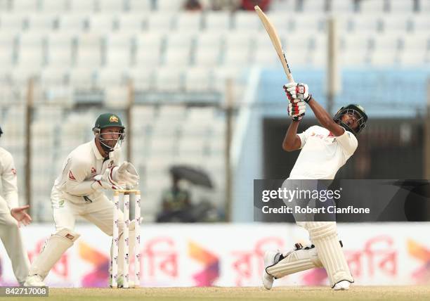 Taijul Islam of Bangladesh bats during day two of the Second Test match between Bangladesh and Australia at Zahur Ahmed Chowdhury Stadium on...