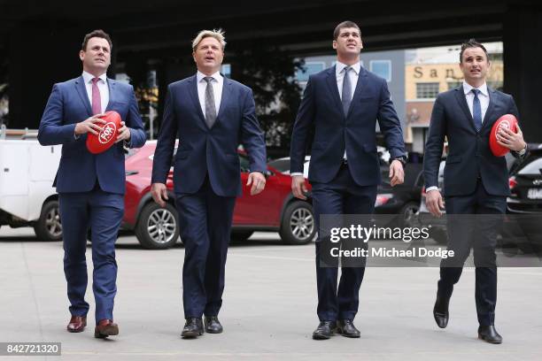 Fox Footy's David King and Dermott Brereton Jonathan Brown and Ben Dixon arrive during the Fox Footy Finals Launch on September 5, 2017 in Melbourne,...