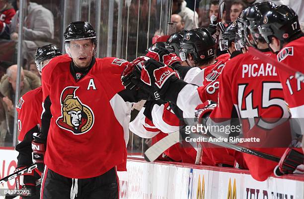 Dany Heatley of the Ottawa Senators celebrates a second-period goal against the Carolina Hurricanes at Scotiabank Place on January 13, 2009 in...