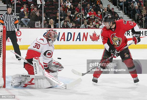 Mike Fisher of the Ottawa Senators positions himself for a rebound as Cam Ward of the Carolina Hurricanes makes a save at Scotiabank Place on January...