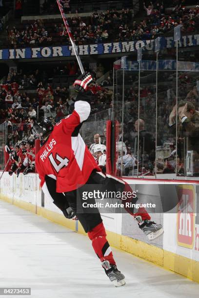 Chris Phillips of the Ottawa Senators celebrates his third-period goal against the Carolina Hurricanes at Scotiabank Place on January 13, 2009 in...