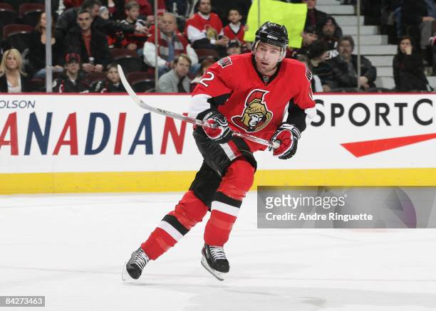 Mike Fisher of the Ottawa Senators skates in his 500th career NHL game against the Carolina Hurricanes at Scotiabank Place on January 13, 2009 in...