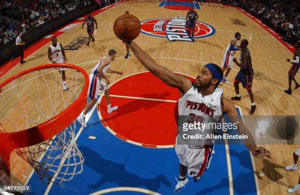 Rasheed Wallace of the Detroit Pistons pulls in a rebound during a game against the Charlotte Bobcats in a game at the Palace of Auburn Hills on...