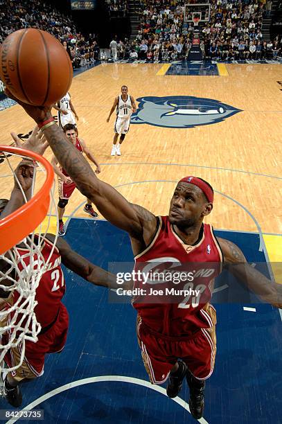 LeBron James of the Cleveland Cavaliers shoots a layup in a game against the Memphis Grizzlies on January 13, 2009 at FedExForum in Memphis,...
