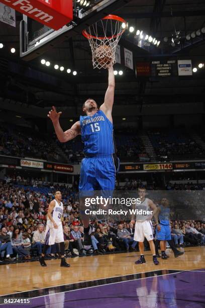 Hedo Turkoglu of the Orlando Magic takes the ball to the basket against the Sacramento Kings on January 13, 2009 at ARCO Arena in Sacramento,...