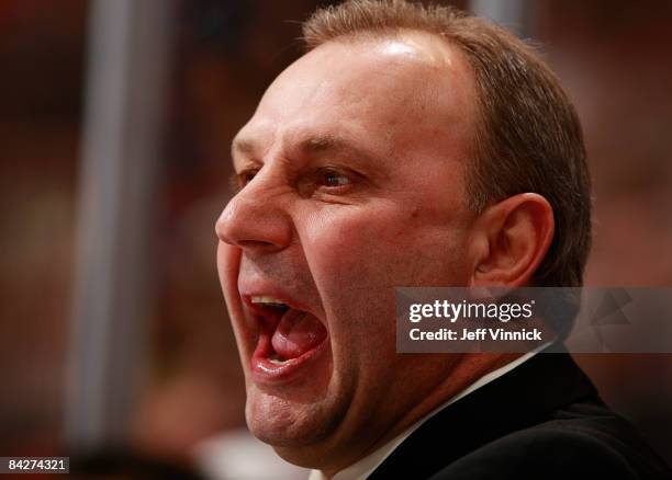 New Jersey Devils head coach Brent Sutter yells at the referee during their game against the Vancouver Canucks at General Motors Place on January 13,...