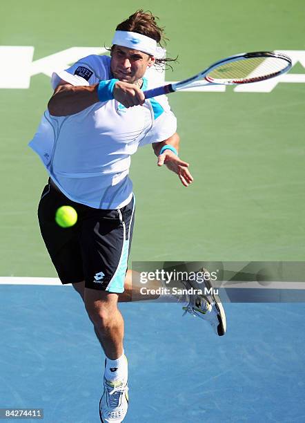 David Ferrer of Spain plays a forehand in his second round match against Marc Gicquel of France during day three of the Heineken Open at ASB Tennis...