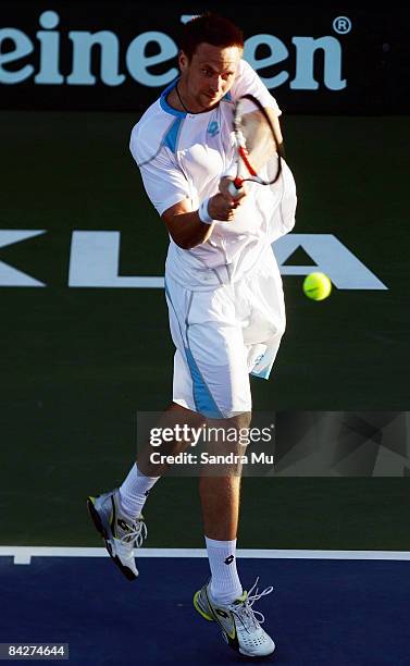 Robin Soderling of Sweden plays a backhand in his second round match against Bobby Reynolds of USA during day three of the Heineken Open at ASB...