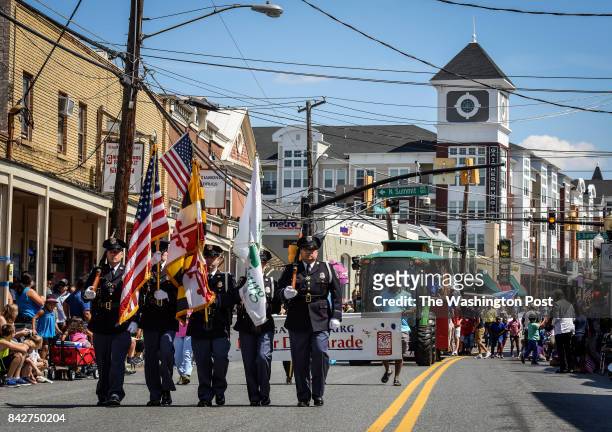 Police honor guard leads off the annual Labor Day parade, on September 2017 in Gaithersburg, MD.