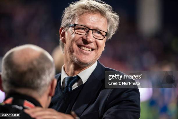 Finland's head coach Markku Kanerva celebrates Finland's victory during the FIFA World Cup 2018 Group I football qualification match between Finland...