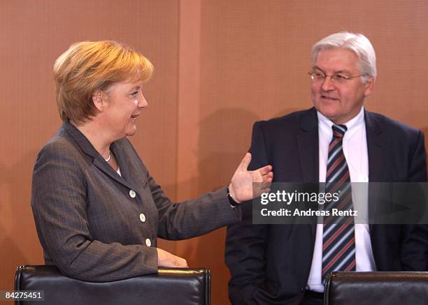 German Foreign Minister and Vice Chancellor Frank-Walter Steinmeier and German Chancellor Angela Merkel attend the weekly German government cabinet...